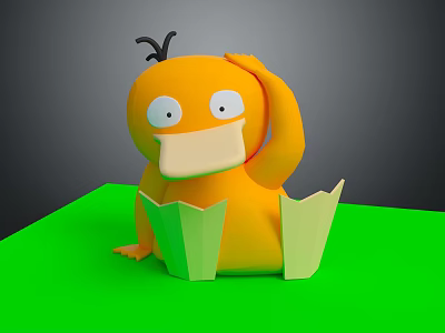 Yellow Cartoon Duck Character Sitting On Green Surface With Box Packaging 3d model