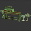 Rustic Wooden Table Display With Open Red Chest And Shiny Silver Trophies