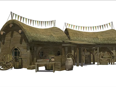 Traditional Rustic European style Architecture With Thatched Roof Wooden Structure And Banners 3d model