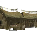 Traditional Rustic European style Architecture With Thatched Roof Wooden Structure And Banners