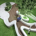 Modern Curved Outdoor Chair In Grass With Trees And People Sitting On Wooden Stone Pavement