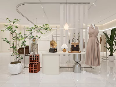 Modern Clothing Store Interior With Beige Dress Mannequin Leather Handbags Green Plants And Pendant Lights 3d model