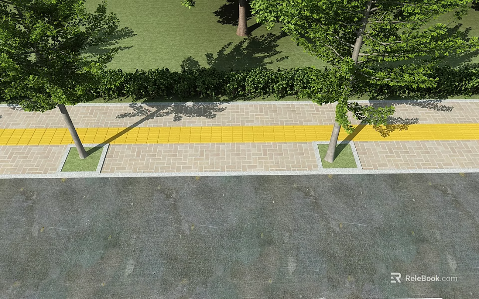 Urban Roadside Facilities Featuring Yellow Brick Pedestrian Walkway Trees And Green Hedge 3d model 
