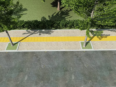 Urban Roadside Facilities Featuring Yellow Brick Pedestrian Walkway Trees And Green Hedge 3d model