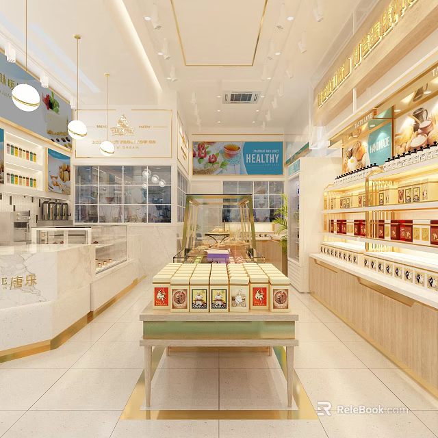 Healthy Dessert Shop Interior With Glass Display Cases Fresh Pastries And Bright Shelves 3d model 