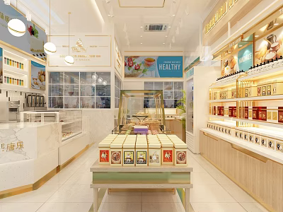 Healthy Dessert Shop Interior With Glass Display Cases Fresh Pastries And Bright Shelves 3d model