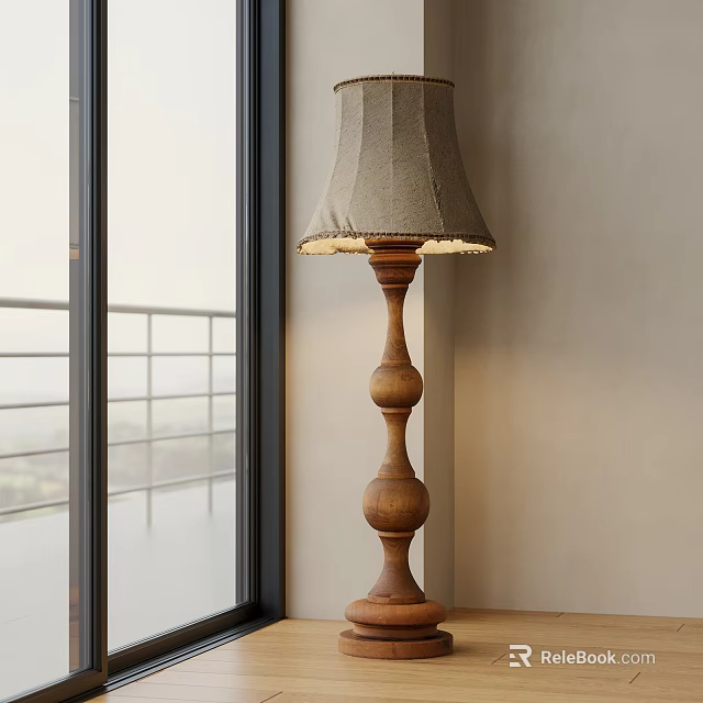 Illuminated Floor Lamp with Turned Wooden Base and Light Gray Fabric Lampshade Near Window 3d model 