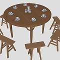 Round Wooden Dining Table Set With Six Benches And Tableware For Home Dining 3d model