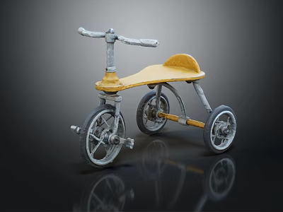 Vintage Tricycle With Yellow Seat And Metal Frame On Reflective Surface 3d model