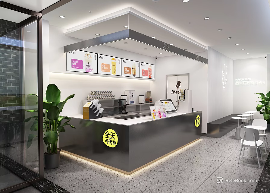 Modern Milk Tea Shop Interior With Stylish Counter Wall Menu Boards And Green Plants 3d model 