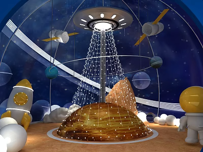 Space Themed Dome Scene With Starry Sky Planets Satellites Rocket And Astronaut 3d model