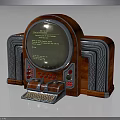 Vintage Radio With Wooden Case Round Display Screen Silver Corrugated Sides And Typewriter Style Keyboard