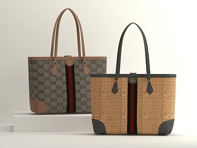 Fashionable Double Tote Bags With Classic Pattern Woven Design Black Brown Handles 3d model