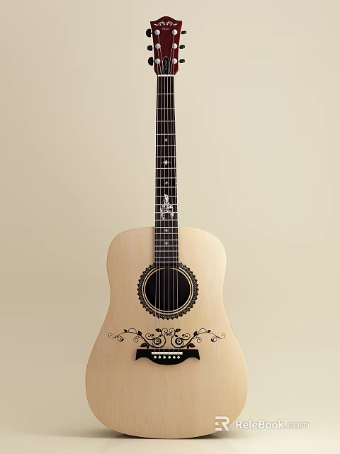 Handcrafted Acoustic Guitar With Artistic Black Painted Patterns On Wooden Body And Decorative Design 3d model 