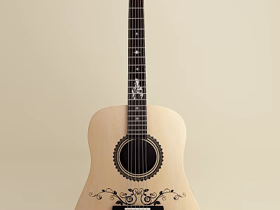 Handcrafted Acoustic Guitar With Artistic Black Painted Patterns On Wooden Body And Decorative Design 3d model