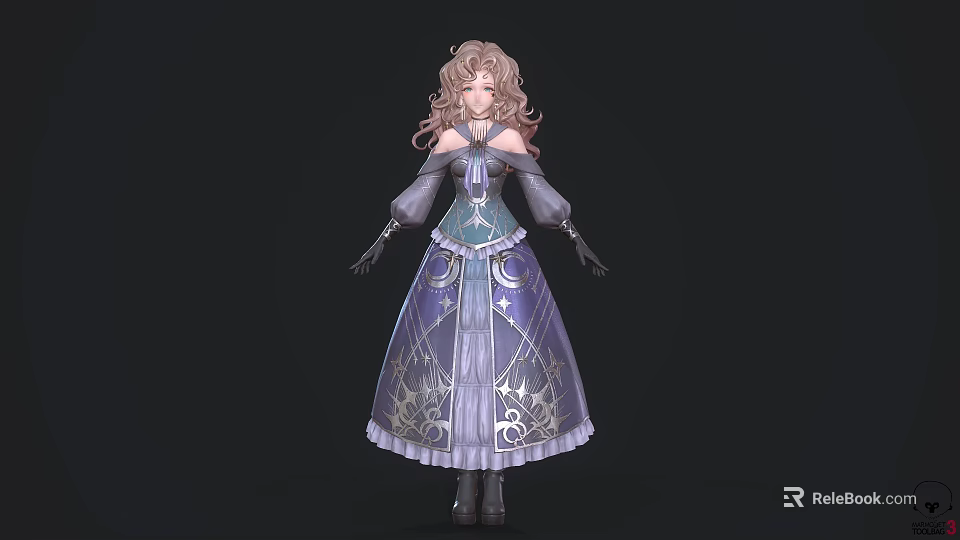 Game Movie Character With Curly Hair In Elegant Purple Blue Long Dress With Star Patterns 3d model 