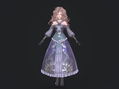 Game Movie Character With Curly Hair In Elegant Purple Blue Long Dress With Star Patterns 3d model