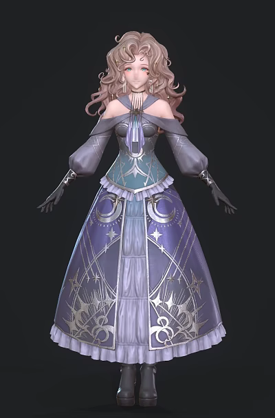 Game Movie Character With Curly Hair In Elegant Purple Blue Long Dress With Star Patterns 3d model