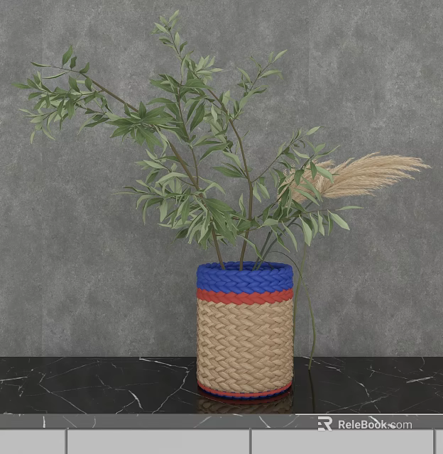 Woven Vase with Blue Red Beige Stripes Holding Green Leaves Pampas Grass on Gray Background 3d model 