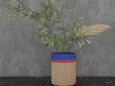 Woven Vase with Blue Red Beige Stripes Holding Green Leaves Pampas Grass on Gray Background 3d model