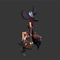 Red Haired Witch Riding Broomstick With Small Bag And Glowing Sprites 3d model