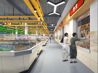 Supermarket Interior with Customers Shopping Glass Counters Displaying Fresh Deli Seafood Yellow Beams Red Signs 3d model