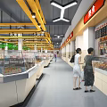 Supermarket Interior with Customers Shopping Glass Counters Displaying Fresh Deli Seafood Yellow Beams Red Signs