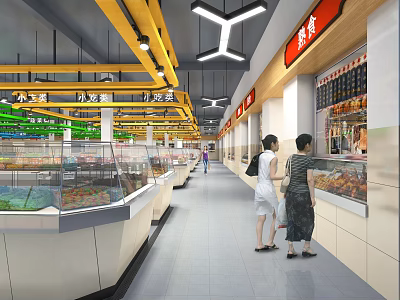 Supermarket Interior with Customers Shopping Glass Counters Displaying Fresh Deli Seafood Yellow Beams Red Signs 3d model