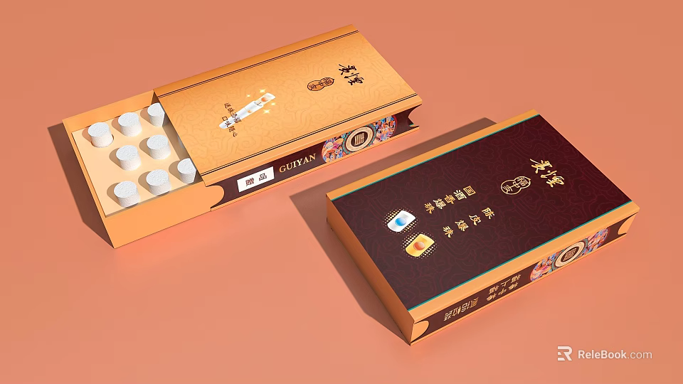 Open Daily Necessities Gift Box With White Round Items And Golden Brown Packaging Design 3d model 