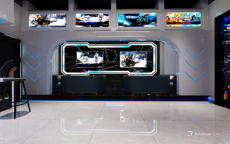Esports Style Milk Tea Shop with Multiple Game Screens Blue Lighting and Modern Decor 3d model 