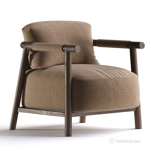 Brown Fabric Upholstered Single Sofa With Wooden Arms And Modern Minimalist Design 3d model 