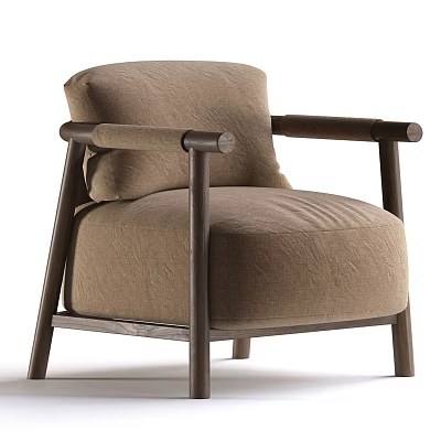 Brown Fabric Upholstered Single Sofa With Wooden Arms And Modern Minimalist Design 3d model