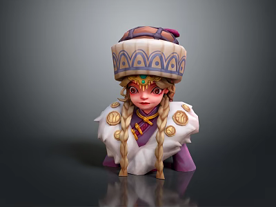 Cartoon Style Game Character With Golden Braids And Decorative Hat 3d model