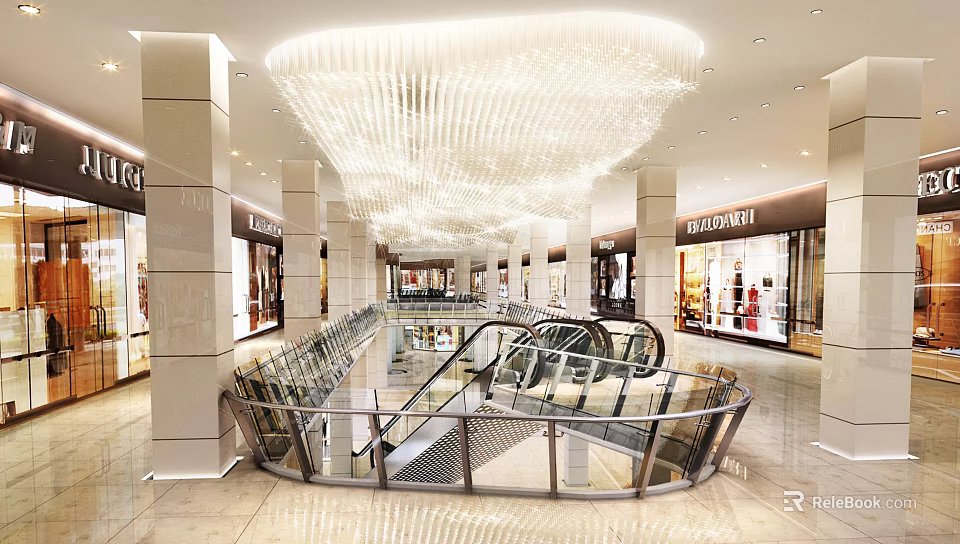 Bright Modern Shopping Mall Lobby With Grand Crystal Chandelier Escalators And Luxury Brand Stores 3d model 