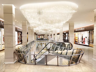 Bright Modern Shopping Mall Lobby With Grand Crystal Chandelier Escalators And Luxury Brand Stores 3d model