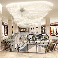 Bright Modern Shopping Mall Lobby With Grand Crystal Chandelier Escalators And Luxury Brand Stores