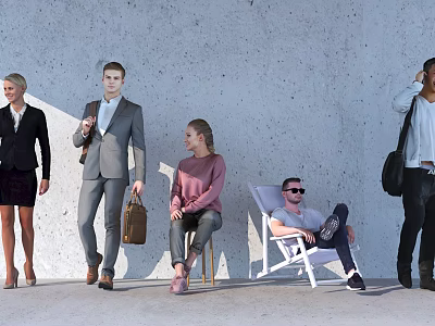 Group of People Standing and Sitting Near Modern Gray Wall with Different Postures 3d model