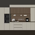 Modern Kitchen Sideboard With Wooden White Cabinets Built-in Oven Coffee Machine And Lighting Shelf