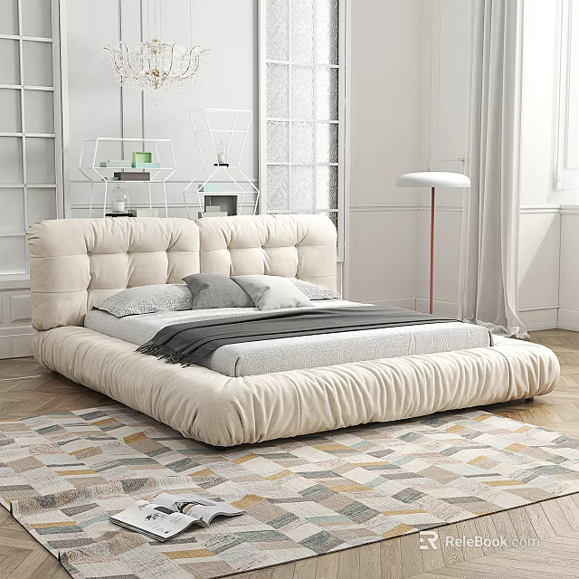 Beige Double Bed with Thick Headboard and Gray Bedding in Modern Room with Geometric Carpet 3d model 