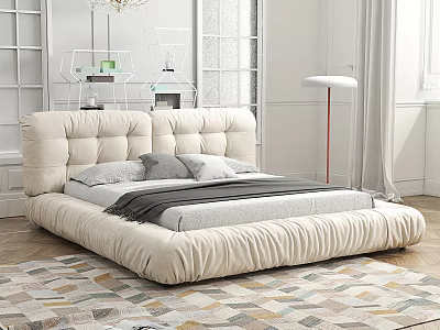 Beige Double Bed with Thick Headboard and Gray Bedding in Modern Room with Geometric Carpet 3d model