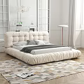 Beige Double Bed with Thick Headboard and Gray Bedding in Modern Room with Geometric Carpet