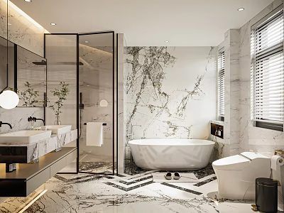 Modern Luxury Bathroom With Marble Walls Double Sinks Glass Shower And Bathtub 3d model