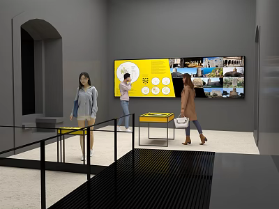 Visitors Exploring Exhibition Space With Yellow Wall Display Charts Images And Gray Room Setup 3d model