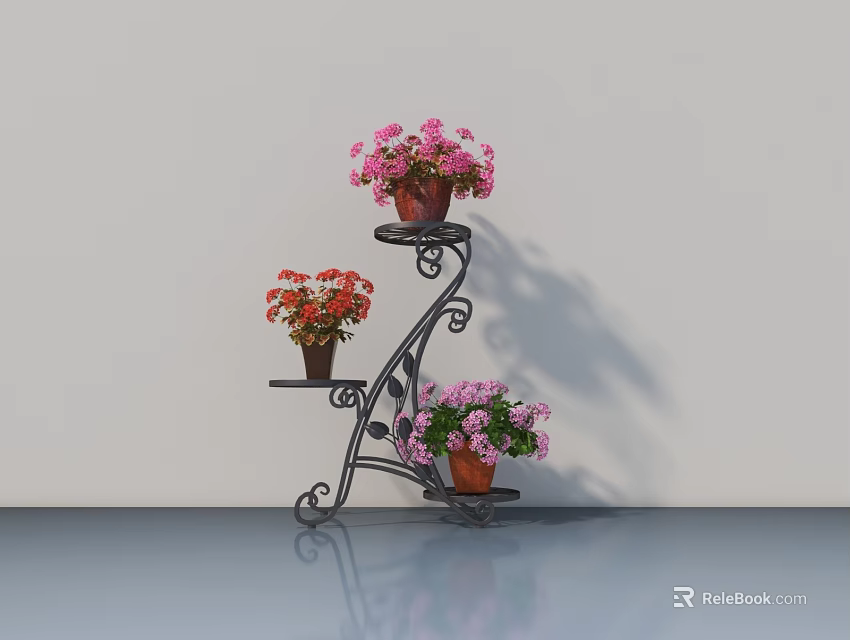 Three Tiered Black Metal Plant Stand With Pink Orange Potted Flowers On White Wall 3d model 