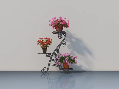 Three Tiered Black Metal Plant Stand With Pink Orange Potted Flowers On White Wall 3d model