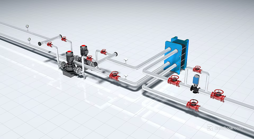 Public Facility Pipeline System With Pumps Valves And Control Cabinet Setup 3d model