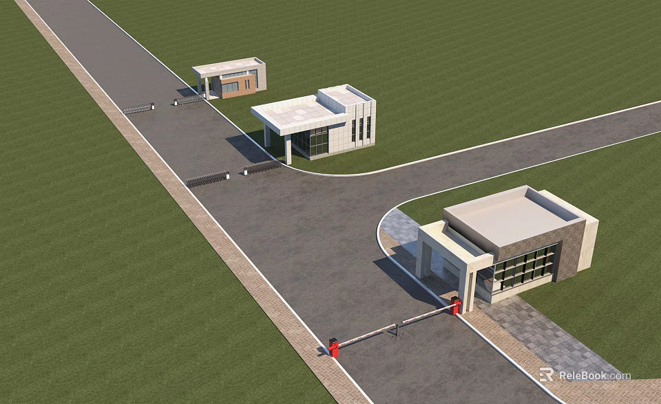 Modern Entrance Area Design Featuring Green Lawn Curved Road And Multiple Buildings 3d model 