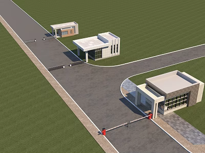 Modern Entrance Area Design Featuring Green Lawn Curved Road And Multiple Buildings 3d model