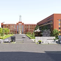 University Campus Entrance Gate with Red Brick Buildings Plaza and Blue Sky
