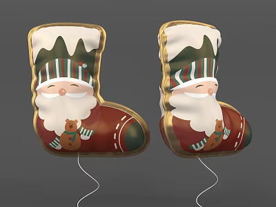 Festive Christmas Stockings With Santa Claus Face Teddy Bear Gold Trim And Snowy Top 3d model